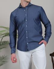 erkek italyan yaka tensel gömlek mavi