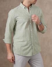 erkek keten pamuk gömlek cizgili haki