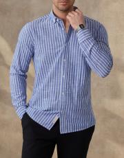 erkek keten pamuk gömlek cizgili mavi