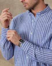 erkek keten pamuk gömlek cizgili mavi 2