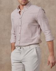 erkek keten pamuk gömlek cizgili bej