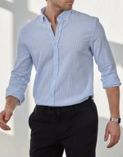 erkek keten pamuk gömlek cizgili a.mavi