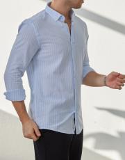 erkek keten pamuk gömlek cizgili a.mavi 2