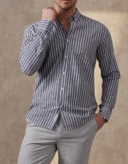 erkek keten pamuk gömlek cizgili gri 2