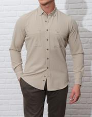 erkek gofre  kumaş cepli spor gömlek krem