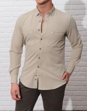 erkek gofre  kumaş cepli spor gömlek krem 2