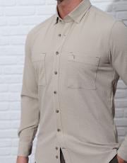 erkek gofre  kumaş cepli spor gömlek krem 3