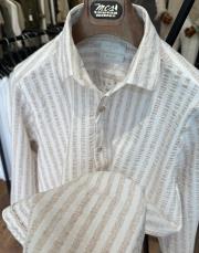 erkek gofre kumaş çizgili gömlek bej