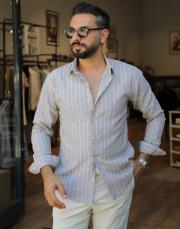 keten pamuk cizği gömlek haki