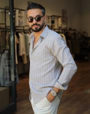 keten pamuk cizği gömlek haki 2