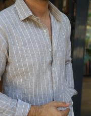 keten pamuk cizği gömlek haki 3