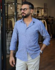 keten pamuk cizği gömlek lacivert