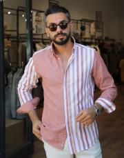 erkek parcalı cizgi desen %100  keten gömlek kiremit