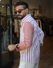 erkek parcalı cizgi desen %100  keten gömlek kiremit 2