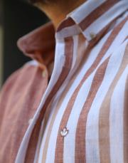 erkek parcalı cizgi desen %100  keten gömlek kiremit 3