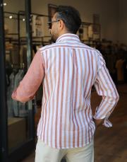 erkek parcalı cizgi desen %100  keten gömlek kiremit 4