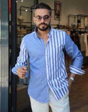 erkek parcalı cizgi desen %100  keten gömlek mavi