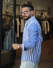 erkek parcalı cizgi desen %100  keten gömlek mavi 2