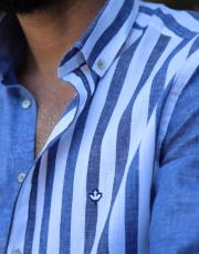 erkek parcalı cizgi desen %100  keten gömlek mavi 3