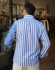 erkek parcalı cizgi desen %100  keten gömlek mavi 4