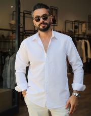 erkek cizgili beyaz koton gömlek ince beyaz