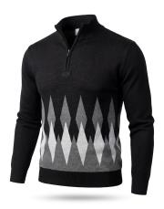 erkek yarım fermuarlı desenli kazak siyah