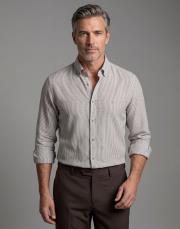 erkek çizğili keten pamuk gömlek kahve