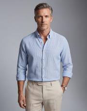 erkek çizğili keten pamuk gömlek mavi