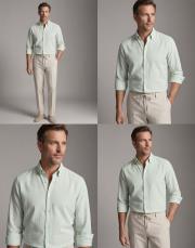 erkek çizğili keten pamuk gömlek su yeşili 2